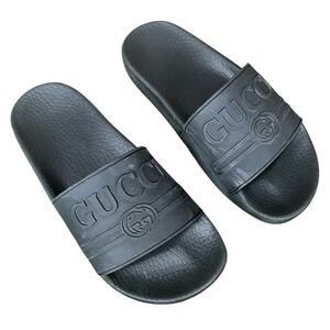 Gucci Pursuit Logo Pool Slides Size 5.5-6 US Women 36 EU Black Rubber Sandals